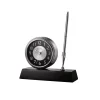 Table Clocks Bulova 5 In. H X 5.75 In. W Clock And Pen Desk Set With Black Wooden Base And Brushed Silver Accents