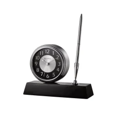 Table Clocks Bulova 5 In. H X 5.75 In. W Clock And Pen Desk Set With Black Wooden Base And Brushed Silver Accents
