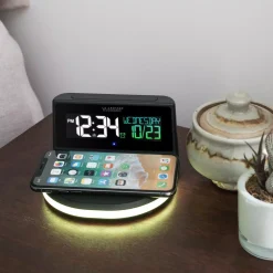 Table Clocks La Crosse Technology Wireless Charging Alarm Clock With Glowing Light Base -Globe Sales black la crosse technology table clocks 617 148 int 76 1000