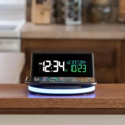 Table Clocks La Crosse Technology Wireless Charging Alarm Clock With Glowing Light Base -Globe Sales black la crosse technology table clocks 617 148 int a0 1000