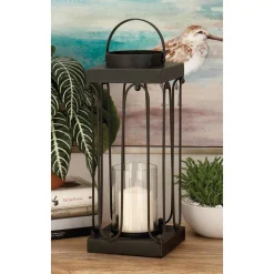Candle Holders LITTON LANE Black Tin And Clear Glass Lantern Candle Holder (Set Of 2)