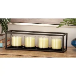 Candle Holders LITTON LANE 5 In. Black Iron And Clear Glass 4-Pedestal Rectangular Candle Holder