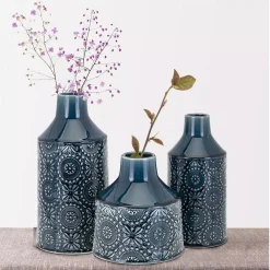 Benjara Glazed Blue Ceramic Floral Vases (Set Of 3) -Globe Sales blue benjara vases bm187330 fa 1000