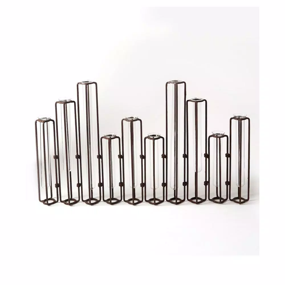 Two’s Company 13 In. High Lavoisier Set Of 10 Dark Brown Hinged Flower Vases With Antiqued Rusted Finish And Clear Glass Tubes 5 Two’s Company 13 In. High Lavoisier Set Of 10 Dark Brown Hinged Flower Vases With Antiqued Rusted Finish And Clear Glass Tubes - Image 3