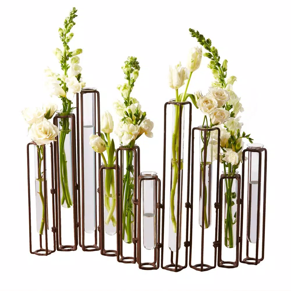 Two’s Company 13 In. High Lavoisier Set Of 10 Dark Brown Hinged Flower Vases With Antiqued Rusted Finish And Clear Glass Tubes 4 Two’s Company 13 In. High Lavoisier Set Of 10 Dark Brown Hinged Flower Vases With Antiqued Rusted Finish And Clear Glass Tubes - Image 2
