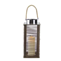 Flameless Candles Gerson 15.5 In. Contemporary Wooden Corded Lantern With LED Flameless Pillar Candle With Timer