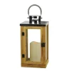 Flameless Candles Gerson 13.75 In. Country Rustic Wood And Glass Lantern With LED Flameless Pillar Candle With Timer -Globe Sales brown gerson flameless candles 31467928 64 1000