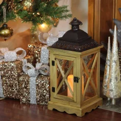 Flameless Candles Gerson 17.5 In. Rustic Wooden Lantern With Brown Metal Top And LED Flameless Pillar Candle With Timer -Globe Sales brown gerson flameless candles 31467929 31 1000