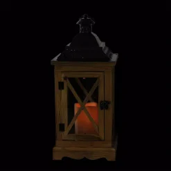 Flameless Candles Gerson 17.5 In. Rustic Wooden Lantern With Brown Metal Top And LED Flameless Pillar Candle With Timer -Globe Sales brown gerson flameless candles 31467929 4f 1000