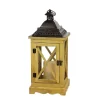 Flameless Candles Gerson 17.5 In. Rustic Wooden Lantern With Brown Metal Top And LED Flameless Pillar Candle With Timer