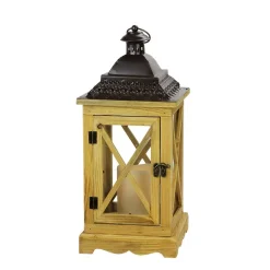 Flameless Candles Gerson 17.5 In. Rustic Wooden Lantern With Brown Metal Top And LED Flameless Pillar Candle With Timer