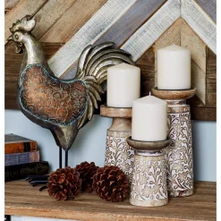 LITTON LANE Brown Iron And Wood Candle Holders With White Accents (Set Of 3) -Globe Sales brown litton lane candle holders 30974 31 1000