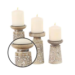 LITTON LANE Brown Iron And Wood Candle Holders With White Accents (Set Of 3) -Globe Sales brown litton lane candle holders 30974 4f 1000