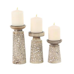 LITTON LANE Brown Iron And Wood Candle Holders With White Accents (Set Of 3) -Globe Sales brown litton lane candle holders 30974 c3 1000