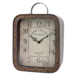 Table Clocks Stonebriar Collection 14 In. X 10 In. Metal And Glass Square Rustic Tabletop Clock -Globe Sales brown stonebriar collection table clocks sb 5167a 31 1000