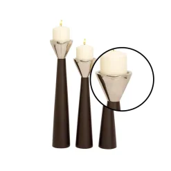LITTON LANE Polished Dark Brown Wood And Silver Aluminum Conical Candle Holders With Cone-Shaped Bobeche (Set Of 3) -Globe Sales brown tan litton lane candle holders 51221 4f 1000