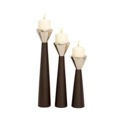 LITTON LANE Polished Dark Brown Wood And Silver Aluminum Conical Candle Holders With Cone-Shaped Bobeche (Set Of 3) -Globe Sales brown tan litton lane candle holders 51221 c3 1000