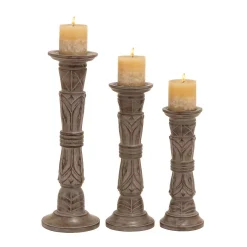 Candle Holders LITTON LANE Rustic Brown Carved Mango Wood Candle Holder (Set Of 3) -Globe Sales brown tan litton lane candle holders 51524 c3 1000