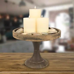 Candle Holders Stonebriar Collection 9 In. H Rustic Wooden Pedestal Tray -Globe Sales brown tan stonebriar collection candle holders sb 4477a 31 1000
