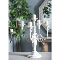Candle Holders LITTON LANE Distressed White Iron Scroll 5-Light Candelabra