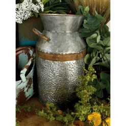 Decorative Bottles LITTON LANE 14 In. H Gray Galvanized Tin Decorative Milk Can With Rust Band Handles