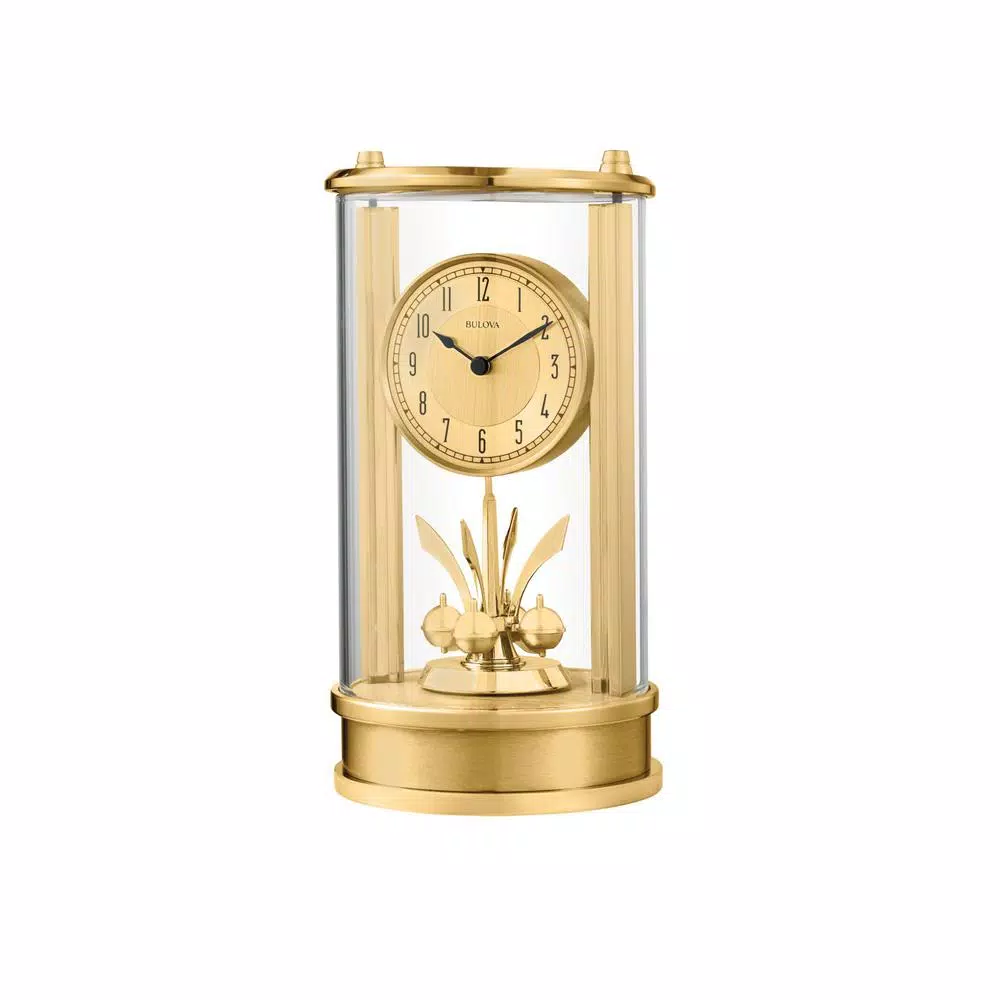 Table Clocks Bulova 7.5 In. H X 5 In. W Anniversay Clock With 2-Toned Gold In A Glass Cylinder 3 Table Clocks Bulova 7.5 In. H X 5 In. W Anniversay Clock With 2-Toned Gold In A Glass Cylinder