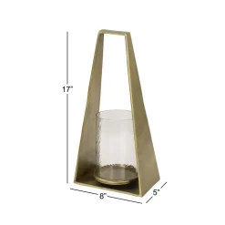 Candle Holders LITTON LANE Large Modern Triangular Gold Metal Candle Holder With Hurricane Glass -Globe Sales gold litton lane candle holders 18484 1f 1000