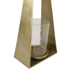 Candle Holders LITTON LANE Large Modern Triangular Gold Metal Candle Holder With Hurricane Glass -Globe Sales gold litton lane candle holders 18484 4f 1000