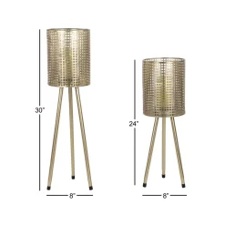 LITTON LANE Tall Cylindrical Gold Mesh Metal Candle Holders On Tripod Bases (Set Of 2) -Globe Sales gold litton lane candle holders 46257 4f 1000