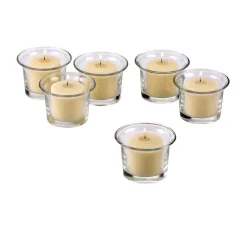 Light In The Dark Clear Glass Lip Votive Candle Holders With Ivory Votive Candles (Set Of 12) -Globe Sales ivory light in the dark candles litd vcg 12 lip 1012 i c3 1000