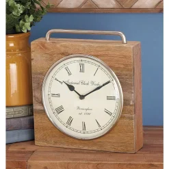 Table Clocks LITTON LANE 11 In. X 10 In. Rustic Wood And Iron Brown Square Table Clock