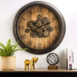 Wall Clocks Glitzhome 27.76 In. D Vintage Industrial Oversized Wooden/Metal Wall Clock With Moving Gears -Globe Sales multi glitzhome wall clocks 2009500001 76 1000