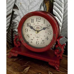 LITTON LANE 7 In. X 7 In. Burgundy Red And Mint Green Round Table Clocks On Rectangular Scrollwork-Designed Base (Set Of 2) -Globe Sales multi litton lane table clocks 52566 31 1000