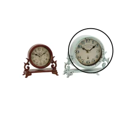 LITTON LANE 7 In. X 7 In. Burgundy Red And Mint Green Round Table Clocks On Rectangular Scrollwork-Designed Base (Set Of 2) -Globe Sales multi litton lane table clocks 52566 4f 1000