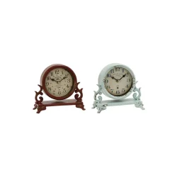 LITTON LANE 7 In. X 7 In. Burgundy Red And Mint Green Round Table Clocks On Rectangular Scrollwork-Designed Base (Set Of 2) -Globe Sales multi litton lane table clocks 52566 c3 1000
