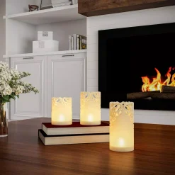 Flameless Candles Lavish Home Lace Design Flameless Candle Set With Remote Control (Set Of 3) -Globe Sales off white lavish home flameless candles hw0200140 1f 1000