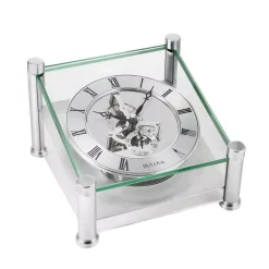 Table Clocks Bulova Solid Brushed Silver Metal Case With Skeleton Movement Table Clock