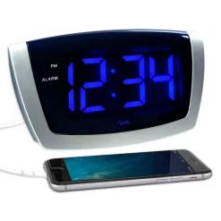Table Clocks Equity By La Crosse Large 1.8 In. Blue LED Electric Alarm Table Clock With USB Port -Globe Sales silver equity by la crosse table clocks 75904 4f 1000