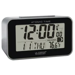 Table Clocks La Crosse Technology Atomic 4.76 In. X 3.12 In. Temperature And Moon Phase Black/Silver Digital Alarm Table Clock -Globe Sales silver la crosse technology table clocks 617 1270 1f 1000