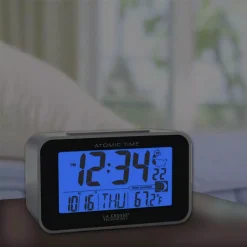 Table Clocks La Crosse Technology Atomic 4.76 In. X 3.12 In. Temperature And Moon Phase Black/Silver Digital Alarm Table Clock -Globe Sales silver la crosse technology table clocks 617 1270 31 1000