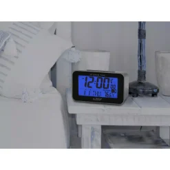 Table Clocks La Crosse Technology Atomic 4.76 In. X 3.12 In. Temperature And Moon Phase Black/Silver Digital Alarm Table Clock -Globe Sales silver la crosse technology table clocks 617 1270 4f 1000