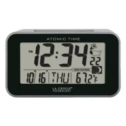 Table Clocks La Crosse Technology Atomic 4.76 In. X 3.12 In. Temperature And Moon Phase Black/Silver Digital Alarm Table Clock -Globe Sales silver la crosse technology table clocks 617 1270 76 1000
