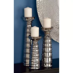 LITTON LANE Contemporary Silver-Finished Ceramic Candle Holders (Set Of 3) -Globe Sales silver litton lane candle holders 71691 31 1000