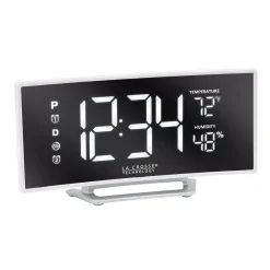 Table Clocks La Crosse Technology Curved Mirror LED Alarm Clock With Temperature & Humidity, USB Port -Globe Sales white la crosse technology table clocks 602 249 1f 1000