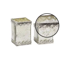 LITTON LANE White Cuboid Glass Candle Holders With Silver Ornate Details (Set Of 2) -Globe Sales white litton lane candle holders 24728 4f 1000