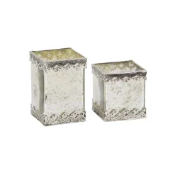 LITTON LANE White Cuboid Glass Candle Holders With Silver Ornate Details (Set Of 2) -Globe Sales white litton lane candle holders 24728 c3 1000