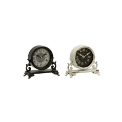 LITTON LANE 7 In. X 7 In. Iron Black And Vintage White Round Table Clocks On Rectangular Scrollwork-Designed Base (Set Of 2) -Globe Sales white litton lane table clocks 52565 c3 1000