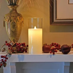 Flameless Candles LUMABASE Battery Operated 10 In. Glass Hurricane Candle With Moving Flame -Globe Sales white lumabase flameless candles 25201 1f 1000