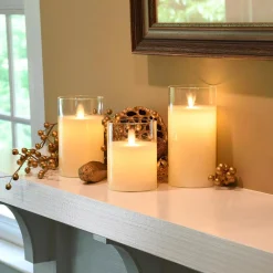 Flameless Candles LUMABASE Battery Operated Glass Hurricane Candles With Moving Flame (Set Of 3) -Globe Sales white lumabase flameless candles 25403 1f 1000