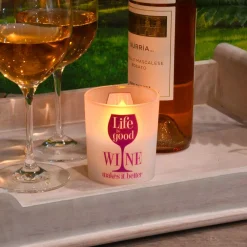 Flameless Candles LUMABASE Battery Operated Wax Filled Glass LED Candles – Life Is Good, Wine Makes It Better (Set Of 2) -Globe Sales white lumabase flameless candles 96902 1f 1000